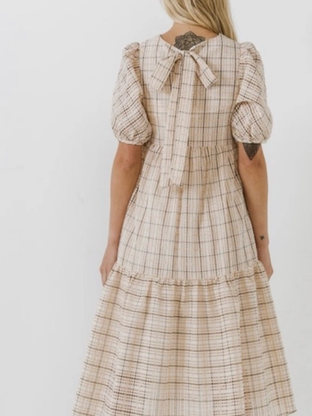 English Factory Cream Plaid Maxi Dress with Puff Sleeves and Back Tie